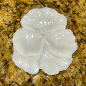 Vintage Milk Glass Pansy Trinket Dish, 5” by 4-1/4”. Color: White.